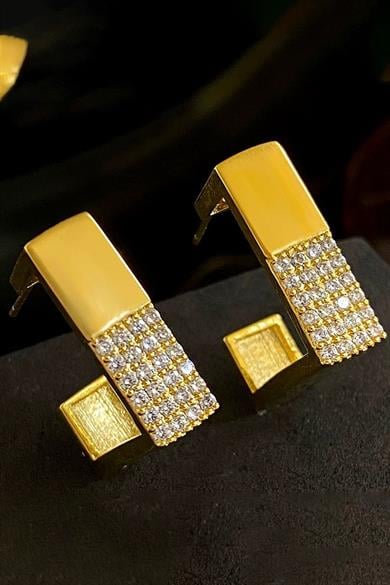 Altın Renk Taş Detaylı Küpe (Çift)