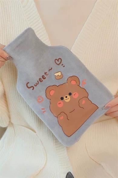 Gri Renk Ayıcık Figürlü Peluş Sıcak Su Torbası