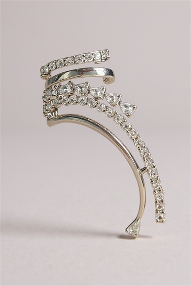 Gümüş Renk Taş Detaylı 14K Altın Kaplama TX Ear Cuff (Tek)