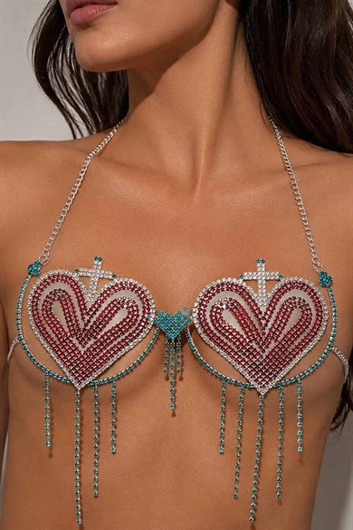 Gümüş Renk Kalp Figürlü Taş Detaylı Bikini Üstü /Bralet /Vücut Aksesuarı