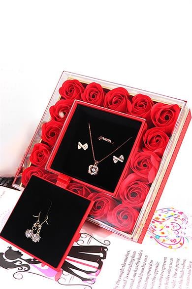 Kırmızı Renk Gül Detaylı Yüzük/Kolye/Küpe Kutusu