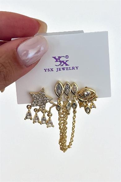 Altın Renk Karışık Figürlü Taş Detaylı 3lü YSX Küpe Set