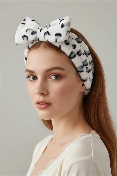 Beyaz Ve Gri Renk Kurdele Figürlü Leopar Desenli Saç Bandı