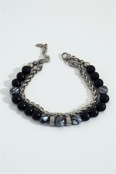 Karışık Renk Zincir Ve Boncuk Detaylı Çelik Erkek Bileklik
