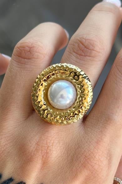 Altın Renk İnci Detaylı Ayarlanabilir Çelik Yüzük