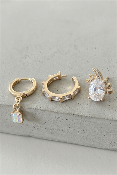 Altın Renk Taş Detaylı 3lü YSX Küpe Set