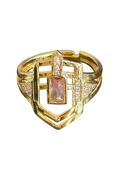 Altın Renk Pembe Taş Detaylı Ayarlanabilir Yüzük