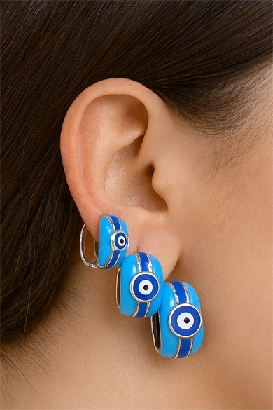 Gümüş Renk Nazar Boncuk Figürlü 3lü YSX Küpe Set