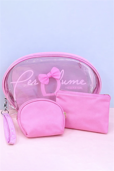 Açık Pembe Renk 3lü Şeffaf Makyaj Çantası