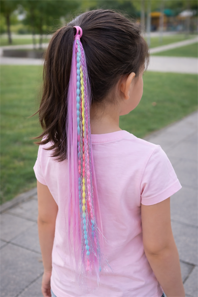 Pembe Ve Mor Renk Saç Detaylı Lastik Toka