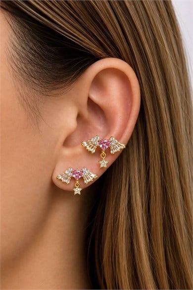 2li Altın Renk Kalp Ve Yıldız Figürlü Taş Detaylı Tx Tragus/Kıkırdak Küpe/Piercing 