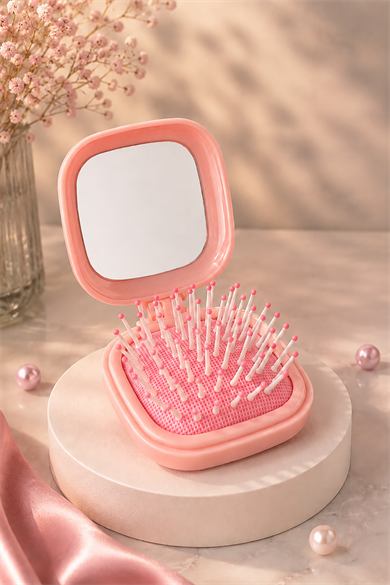 Pembe Renk Kiraz Desenli Aynalı  Saç Tarama Fırçası/Tarak