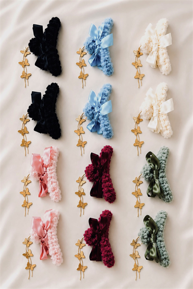 12li Karışık Renk Kelebek Detaylı  Peluş Mandal Toka Set