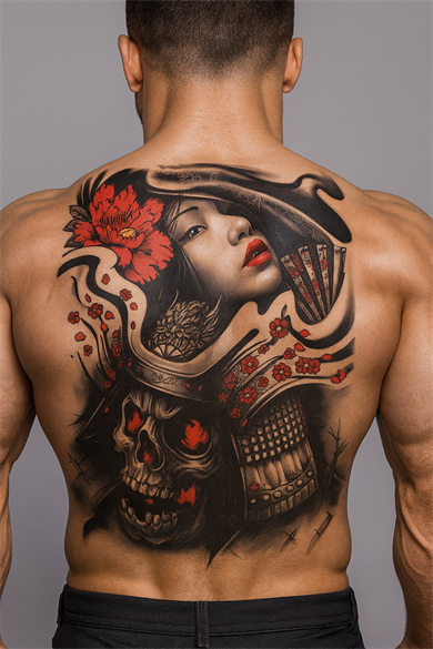 Geçici Kadın ve Kurukafa Modelli Sırt Dövme Tattoo