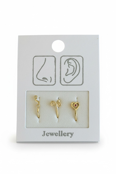 Altın Renk Karışık Figürlü Deliksiz Kulak/Burun 3lü Piercing Set