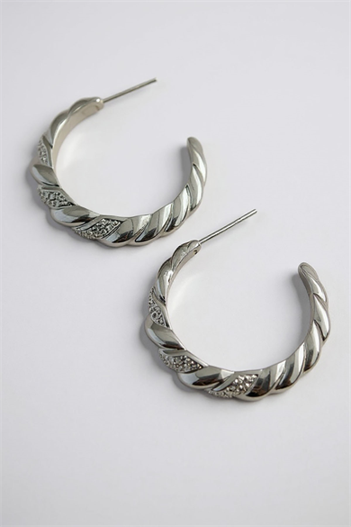 Gümüş Renk Taş Detaylı Halka Küpe (Çift)