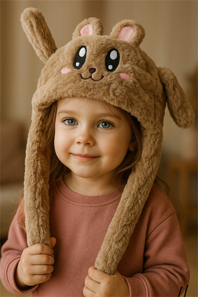 Kahverengi Tavşan Figürlü Kulakları Oynayan Peluş Şapka