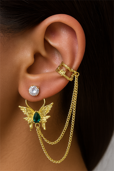 Altın Renk Kelebek Figürlü Taş Detaylı Ear Cuff Küpe Set