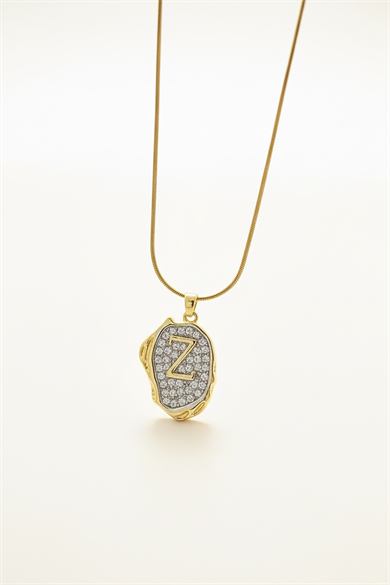 Altın Renk Z Harf Taş Detaylı Çelik Kolye
