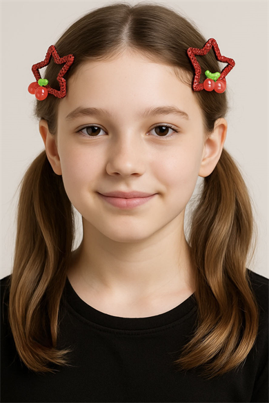 2li Kırmızı Renk Yıldız Figürlü Kiraz Detaylı Yan Toka Set