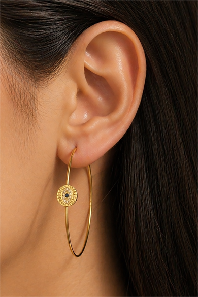 Altın Renk Göz Figürlü Taş Detaylı 14K Altın Kaplama Halka Küpe (Çift)