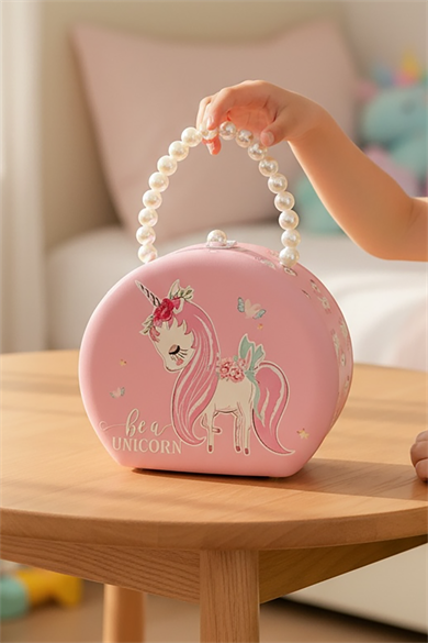 Pembe Renk Unicorn Figürlü İnci Detaylı Çanta Detaylı Takı Kutusu/Organizer