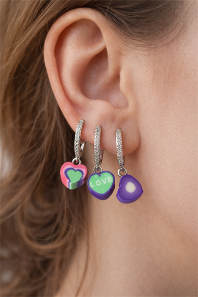 3lü Gümüş Renk Kalp Figürlü 14K Altın Kaplama TX Küpe