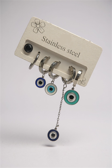 6lı Gümüş Renk Nazar Boncuk Figürlü Çelik Halka Küpe Set