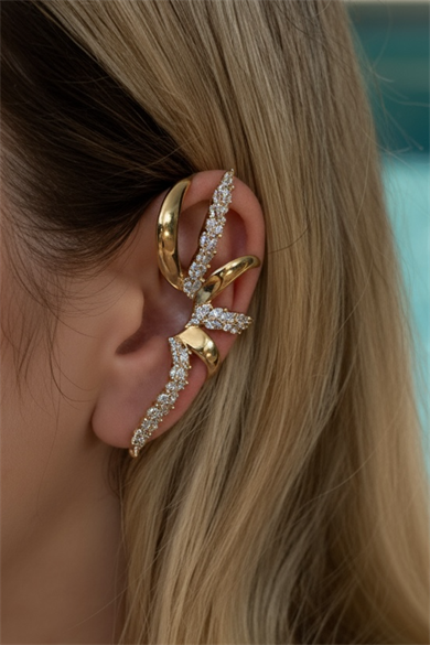 Altın Ve Gümüş Renk Taş Detaylı Kulak Aksesuarı