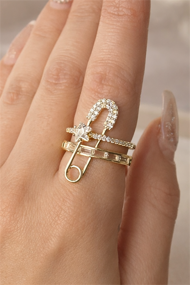 Altın Renk Kilitli İğne Figürlü Ayarlanabilir Yüzük