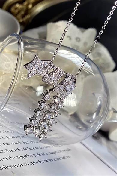 Gümüş Renk Yıldız Figürlü Taş Detaylı 14K Altın Kaplama TX Kolye