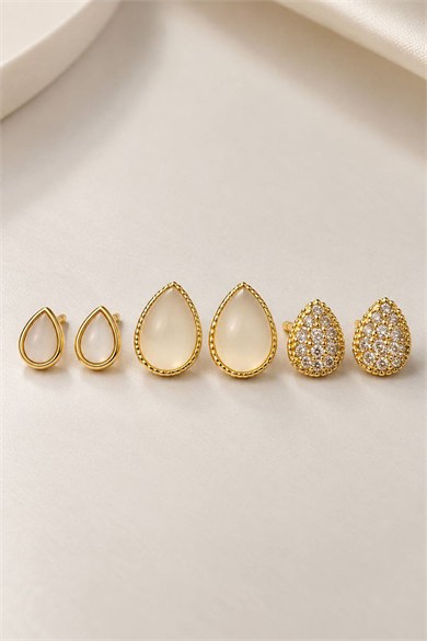 6lı Altın Renk Taşlı Küpe Set