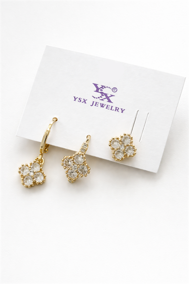 Altın Renk Taş Detaylı 3lü YSX Küpe Set