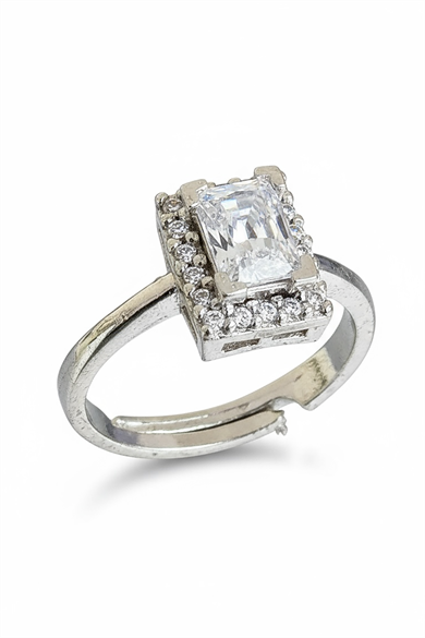 Gümüş Renk Tek Taş Detaylı Ayarlanabilir Yüzük