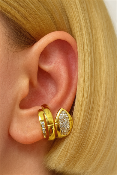 Altın Renk Taş Detaylı 14K Altın Kaplama TX Ear Cuff (Tek)
