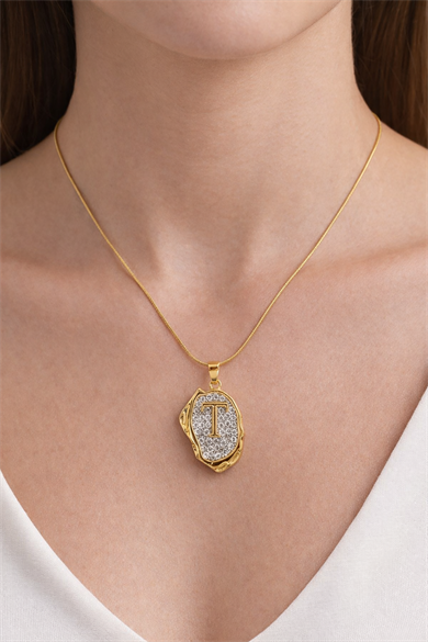 Altın Renk T Harf Taş Detaylı Çelik Kolye