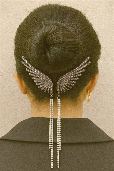 Antrasit Renk Melek Kanadı Figürlü İnci Ve Taş Detaylı Topuz Toka