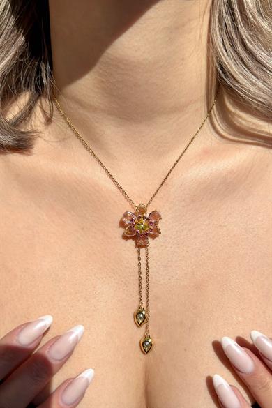 Altın Renk Çiçek Figürlü Taş Detaylı Çelik Kolye