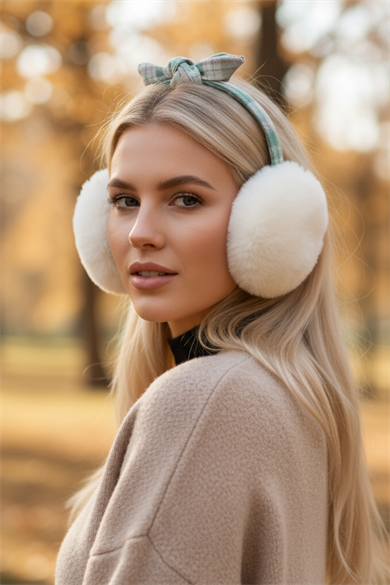 Beyaz Renk Ekose Desenli Peluş Kulaklık