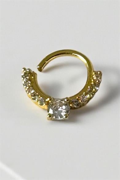 Altın Renk Taş Detaylı Çelik Halka Tragus/Kıkırdak Küpe/Piercing (Tek)