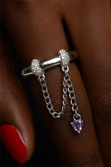 Gümüş Renk Taş Detaylı Sallantılı Ayarlanabilir Yüzük