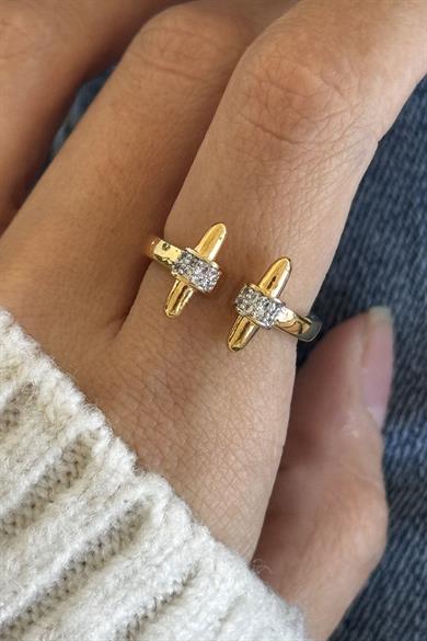 Altın Renk Taş Detaylı Ayarlanabilir Çelik Yüzük