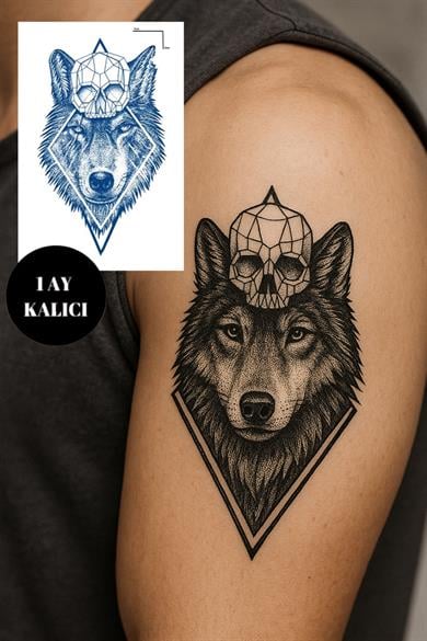 Kurt ve Kuru Kafa Figürlü 12 Saat Sonra Kararan Geçici Orta Dövme Tattoo
