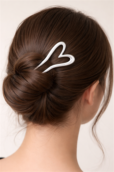 Gümüş Renk Kalp Figürlü Metal Topuz Tokası