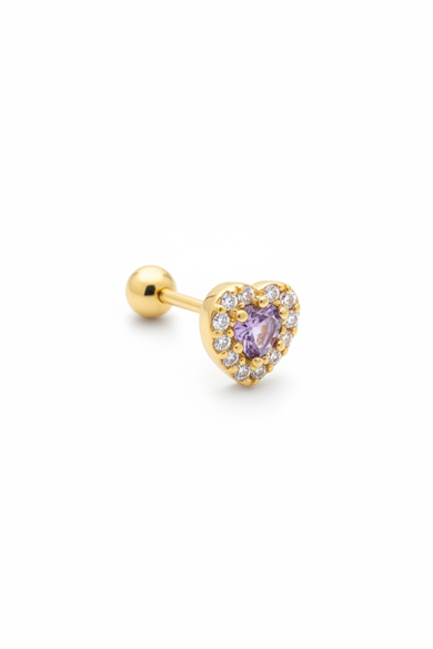 Altın Renk Mor Kalp Detaylı Cerrahi Çelik Tragus/Kıkırdak Küpe/Piercing (Tek)