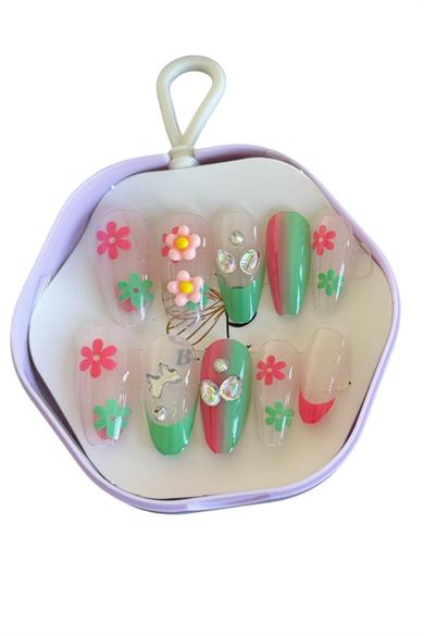 10lu Karışık Renk Çiçek Figürlü Taş Detaylı Takma Tırnak Set