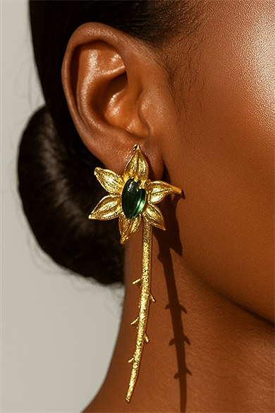 Altın Renk Çiçek Figürlü Taş Detaylı 14K Altın Kaplama TX Küpe (Çift)