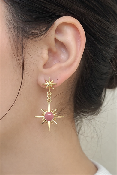 Altın Renk Pembe Taş Detaylı Yıldız Figürlü Küpe (Çift)