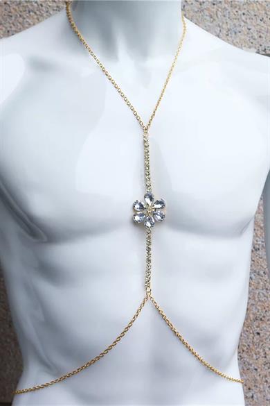 Altın Renk Çiçek Figürlü Taş Detaylı Tasarım Vücut Aksesuar