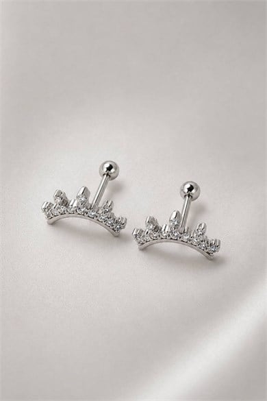 2li Gümüş Renk Taş Detaylı Tx Tragus/Kıkırdak Küpe/Piercing 